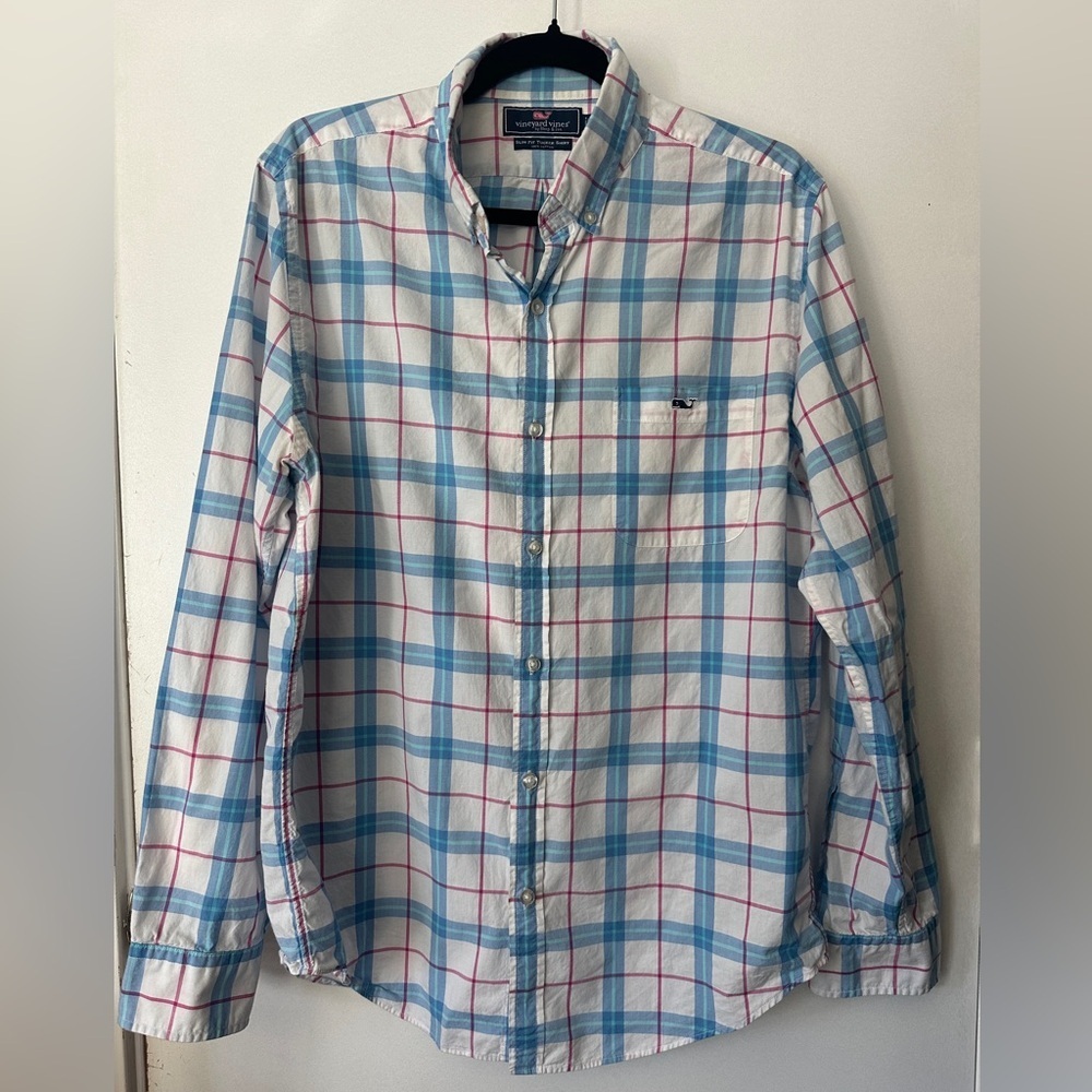 Vineyard Vines Men’s White Plaid Button-Down Shirt with Blue & Pink Stripes
